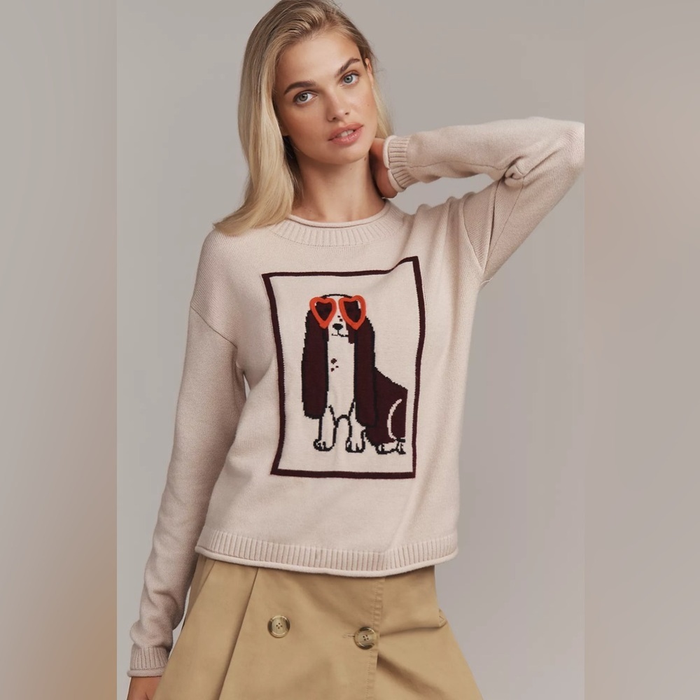 NWT Anthropologie Flat White Size Small Crew-Neck Dog Icon Sweater